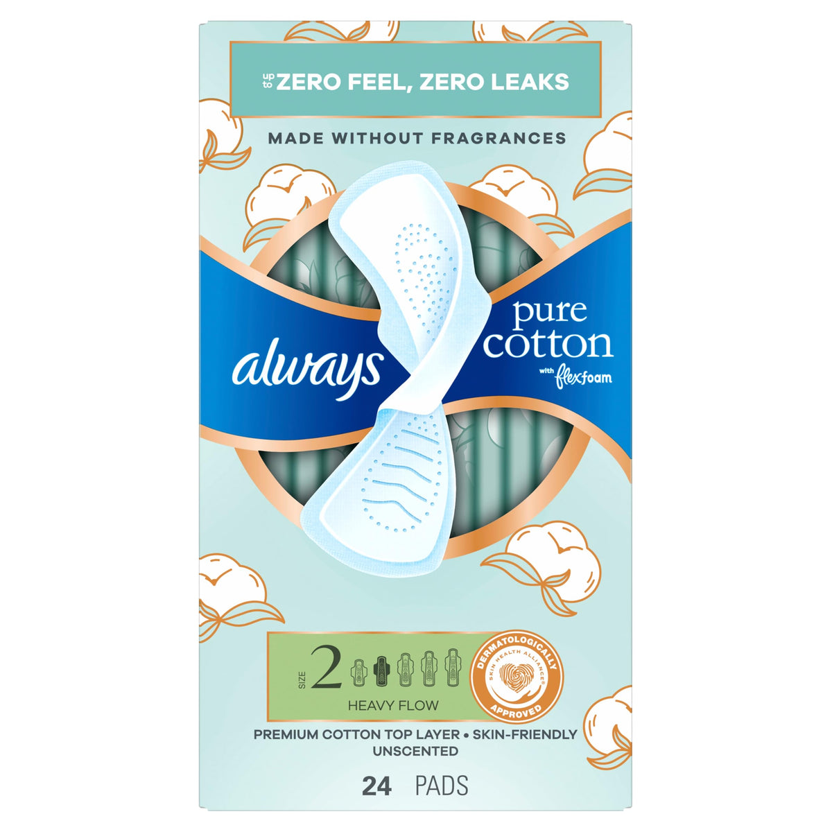 Always Pure Cotton, Organic Cotton top Layer Pads for Women with Wings, Feminine Care, Period, Menstrual, Sanitary, Postpartum, toallas sanitarias para Mujer, Size 2 Heavy Absorbency, Unscented, 72ct