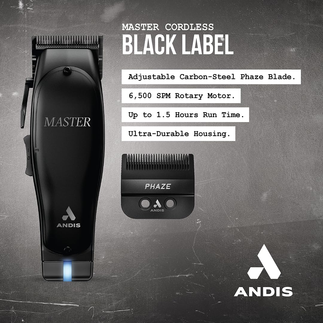 Andis Black Label MLC Professional Master Cordless Hair Trimmer, Adjustable Carbon Steel Blade Hair Clipper for Close Cutting, Black