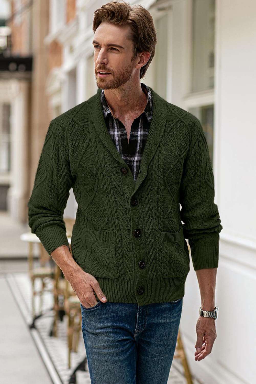 JMIERR Cardigan Sweaters for Men Fall Fashion 2025 Casual Long Sleeve Shawl Collar Button-Down Wool Blend Cable Knit Essentials Fisherman Christmas Sweater with Pockets,L,Green