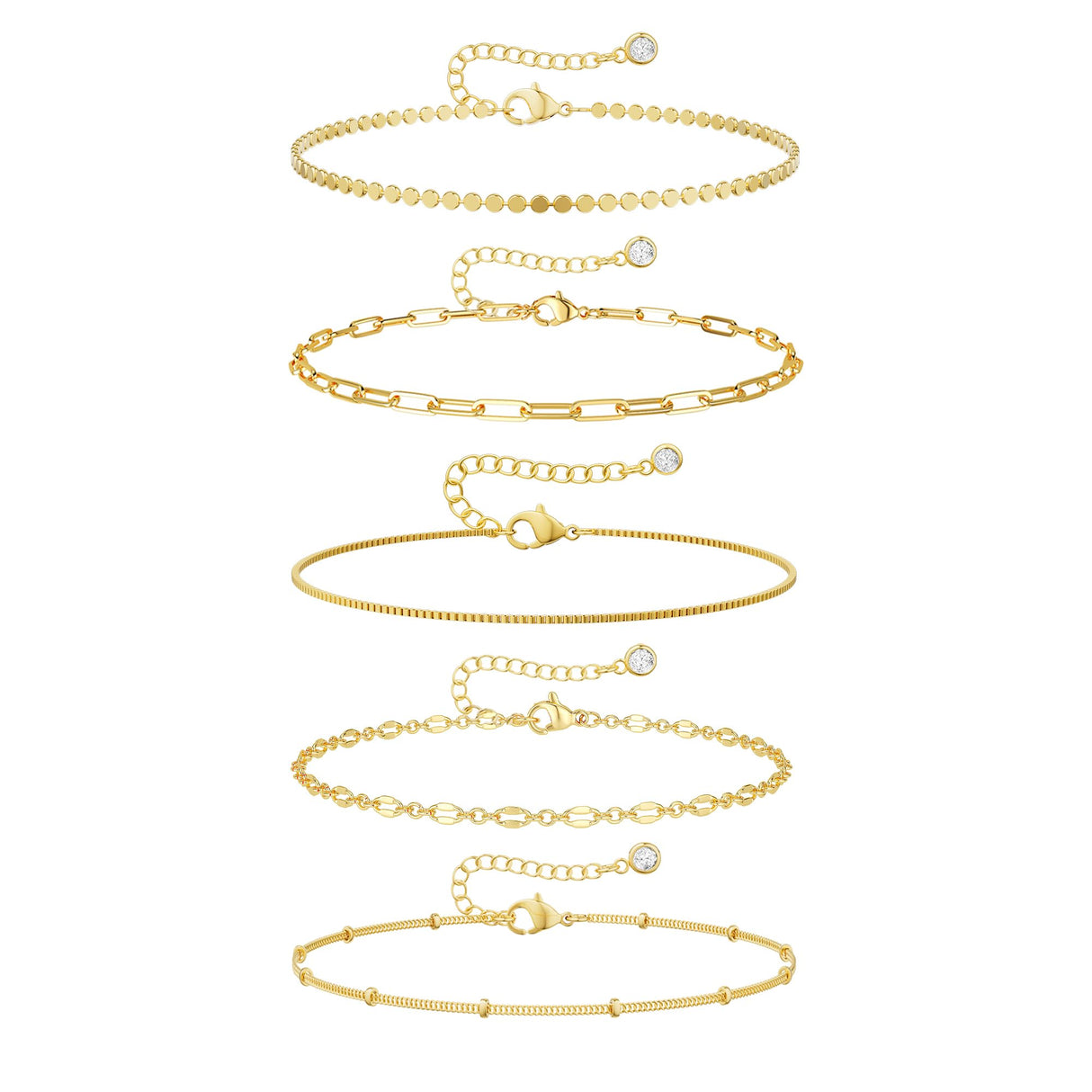 Dainty Gold Anklets for Women Waterproof, Simple14K Gold Palted Stackable Ankle Bracelets Non Tarnish, Thin Box Satellite Lips Dot Paperclip Link Chain Pack, Jewelry Sets for Summer Vacation Beach Swimming Bikini