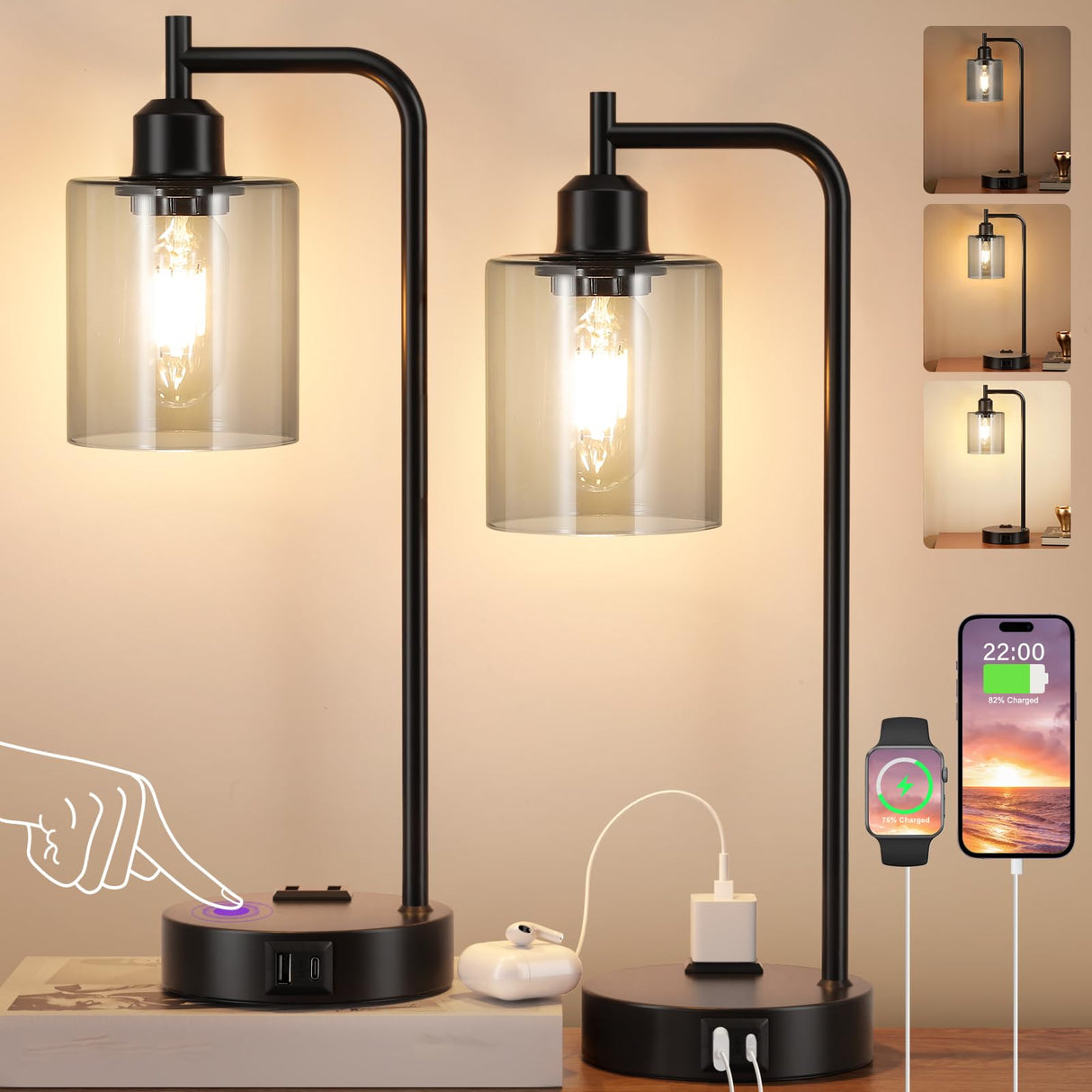 Innqoo Industrial Touch Table Lamps for Bedrooms Set of 2-3-Way Dimmable Lamps with USB C+A Ports and Outlet, Copper Bedside Lamps with Clear Glass Shade for Living Room, Desk Lamps for Home Office