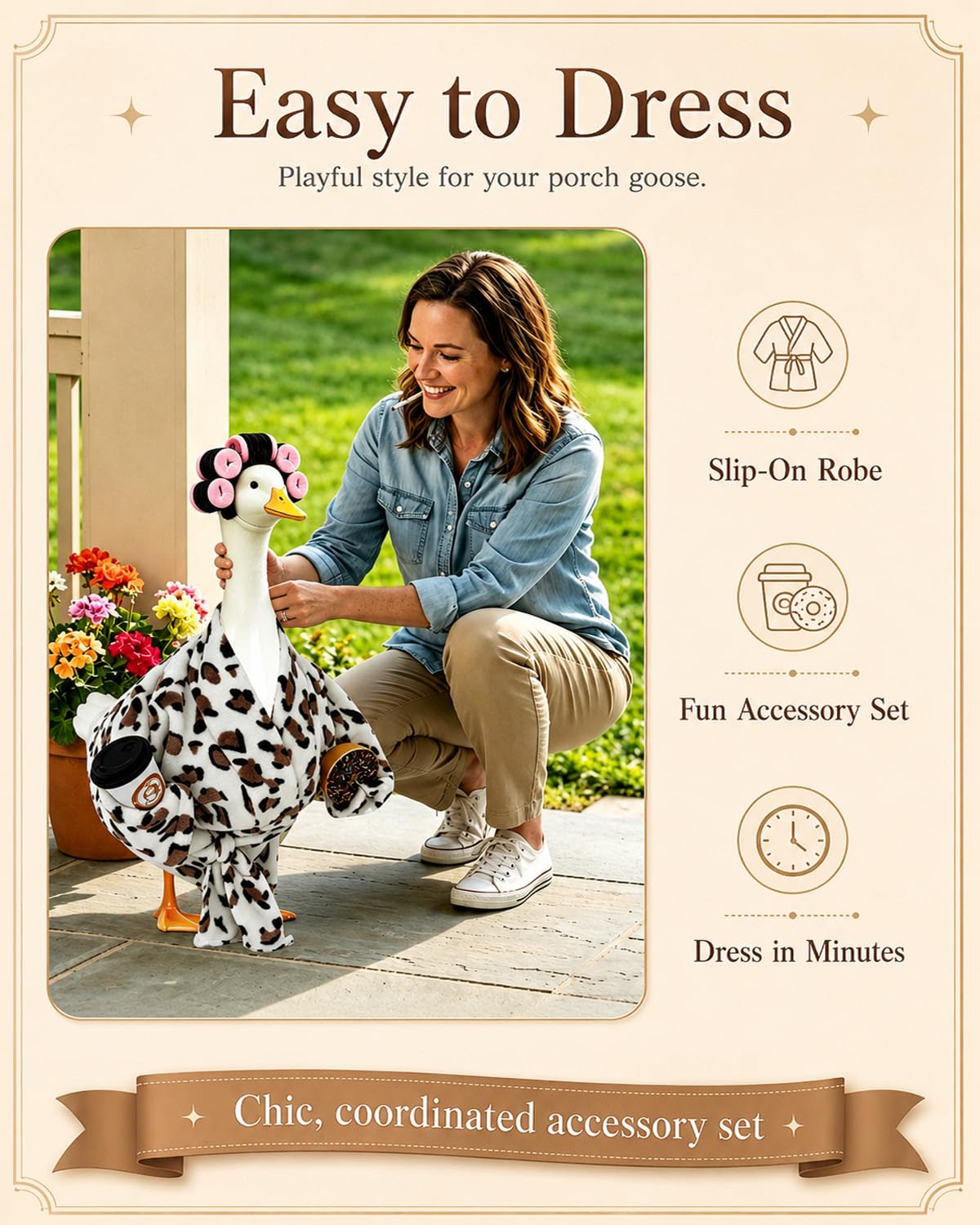 GSPIM Leopard Print Robe Porch Goose Outfits for 23" Goose Statue Funny Retro Home Patio Decor with Hair Curlers Bath Robe Waist Belt Coffee Cup Donut (Leopard Print Bathrobe)