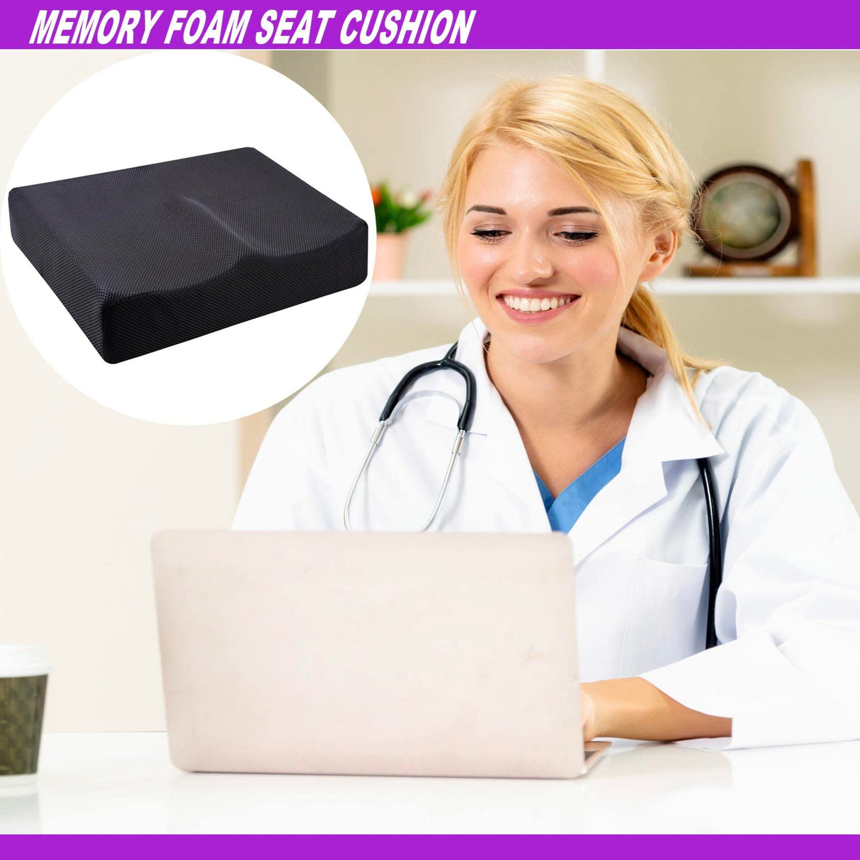 Extra Large Office Chair Seat Cushion, Memory Foam Cushion for Coccyx, Tailbone, Sciatic Pain Relief, Non-Slip Chair Pads for Car, Wheelchair, Gaming Chair