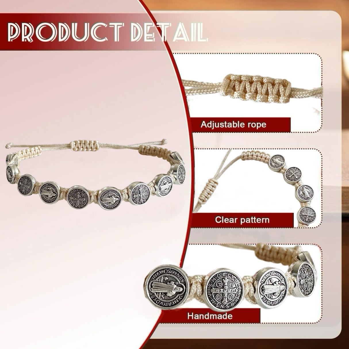 12pcs St Benedict Bracelets Nature Color String Saint Benedict Rosary Bracelet Medalla De San Benito Catholic Gift For Men Women (Nature Color)