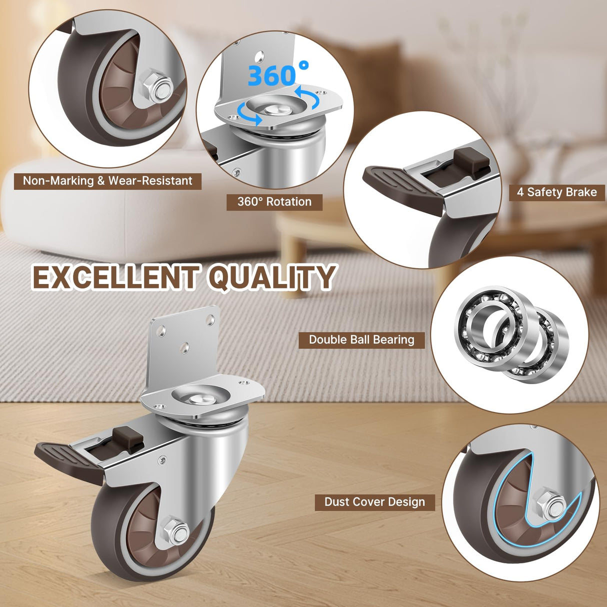 W B D WEIBIDA 3 Inch Side Mount Casters Wheels, L-Shaped Rubber Casters Set of 4, 360 Degree Ball Bearing Swivel Casters, Heavy Duty Casters Wheels for Workbench, Baby Beds, Cabinets, Tables