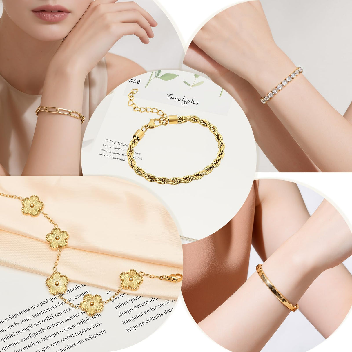 Gold Bracelets Set for Women Non Tarnish Waterproof 18K Gold Plated Lucky Floral Tennis Chunky Cuff Bracelet Tie Cuban Rope Paperclip Bracelet Stackable Trendy Fashion Accessories Stack Jewelry Gifts 5Pcs for Mothers Day Birthday(Gold)