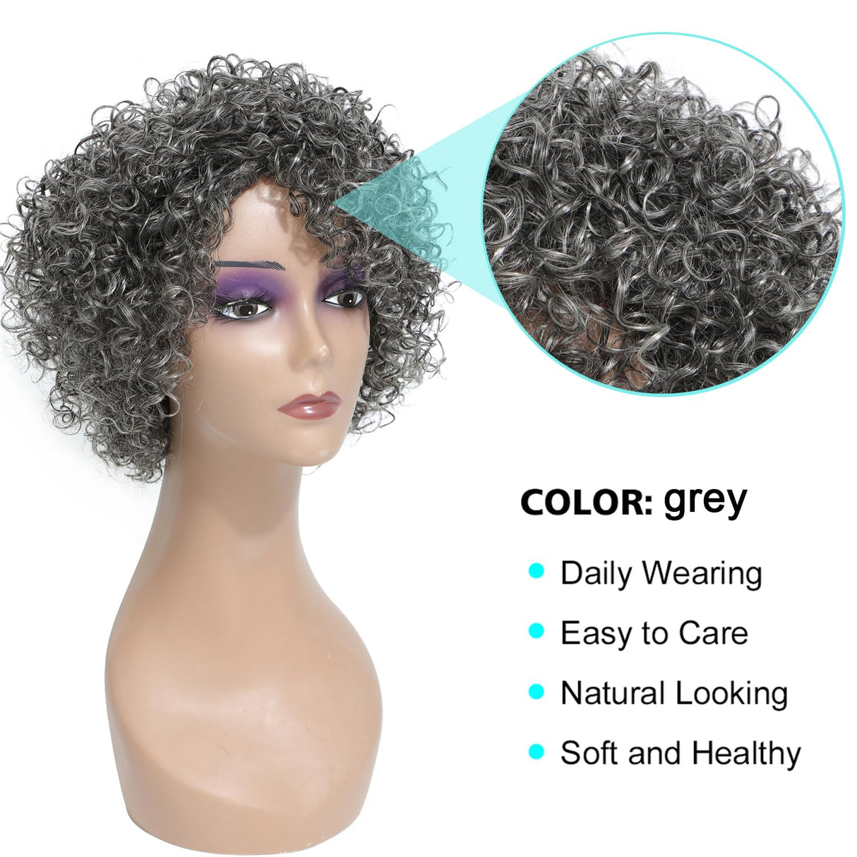 HUA Grey Glueless Wigs Human Hair Wigs for Black Women Grey Short Curly Wigs for Black Women Human Hair Mixed Kinky Curly Wear and Go Glueless Wig Ombre Gray 8 Inch Short Wigs for Older Women