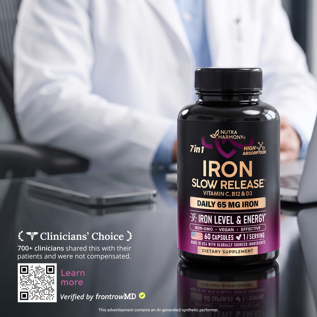Iron Supplement for Women - Iron 65mg (Ferrous Sulfate 325mg) - 60 Caps
