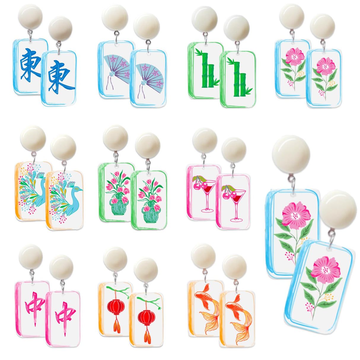 20 Pcs Mahjong Earrings 10 Set Women Funny Acrylic Mahjong Tile Dangle Earrings Creative Geometric Jewelry Lucky Mah Jongg Gifts for Women Friendship Accessories