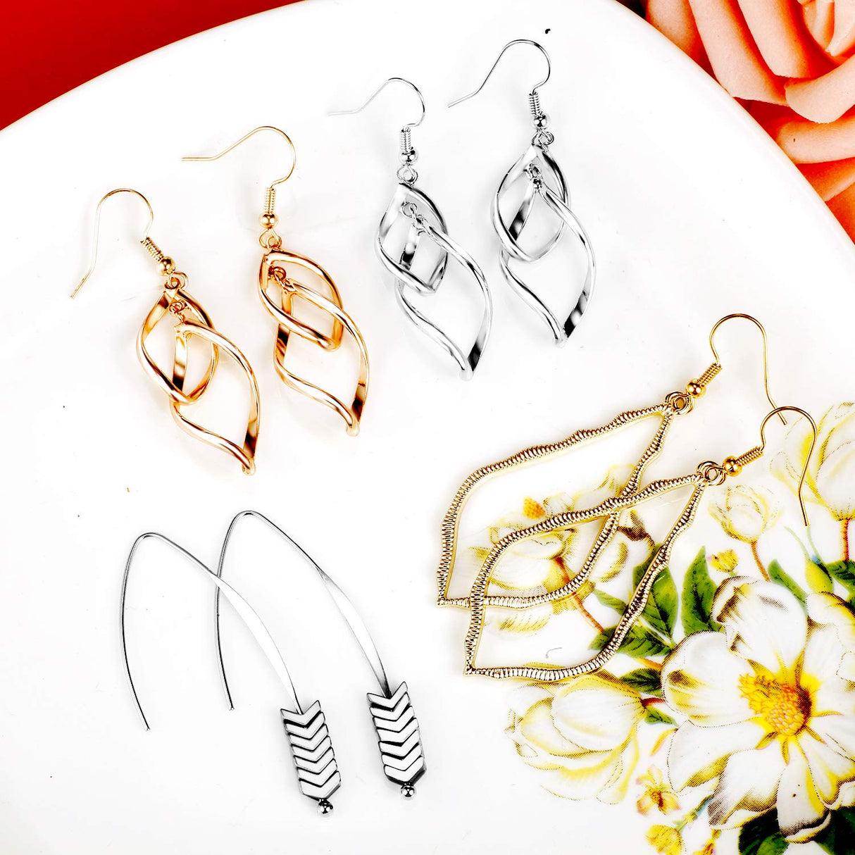 20 Paris Assorted Dangle Earrings Set for Women, Fashion-Celtic Gold Bar Earrings for Teens Girls Cute Filigree Earrings