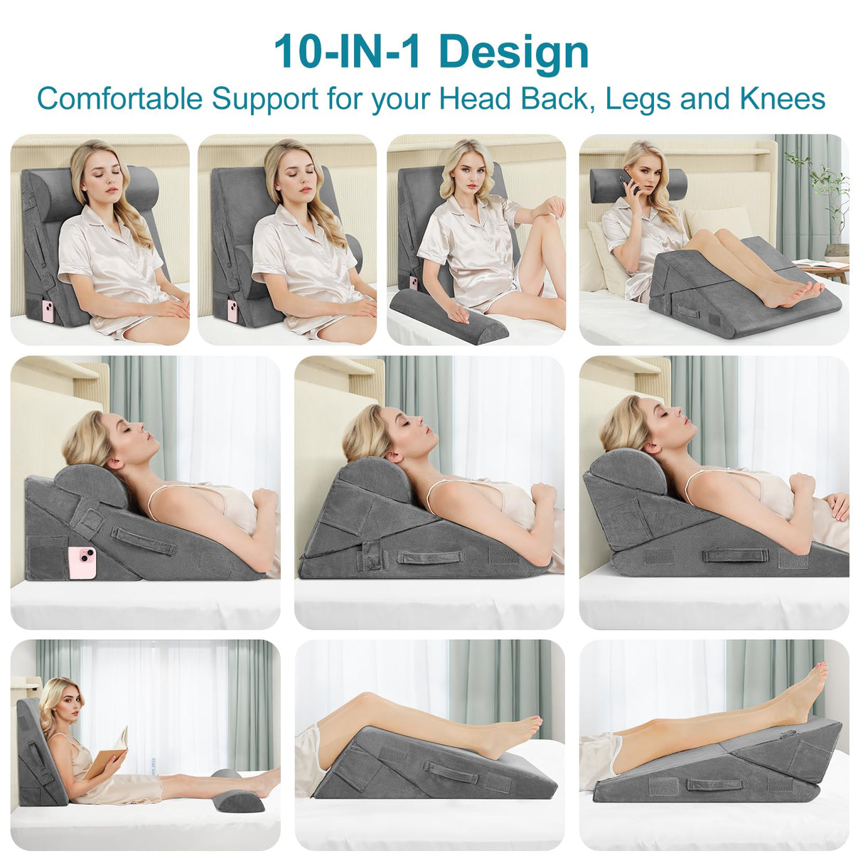 Domusensus Bed Wedge Pillow for Sleeping, 3Pcs Adjustable 9&12 Inch Fold Wedge Pillow for Sleeping,Back Pain Relief,Knee Support,Cooling Memory Foam Pillows for Acid Reflux,Snoring,Dark Grey
