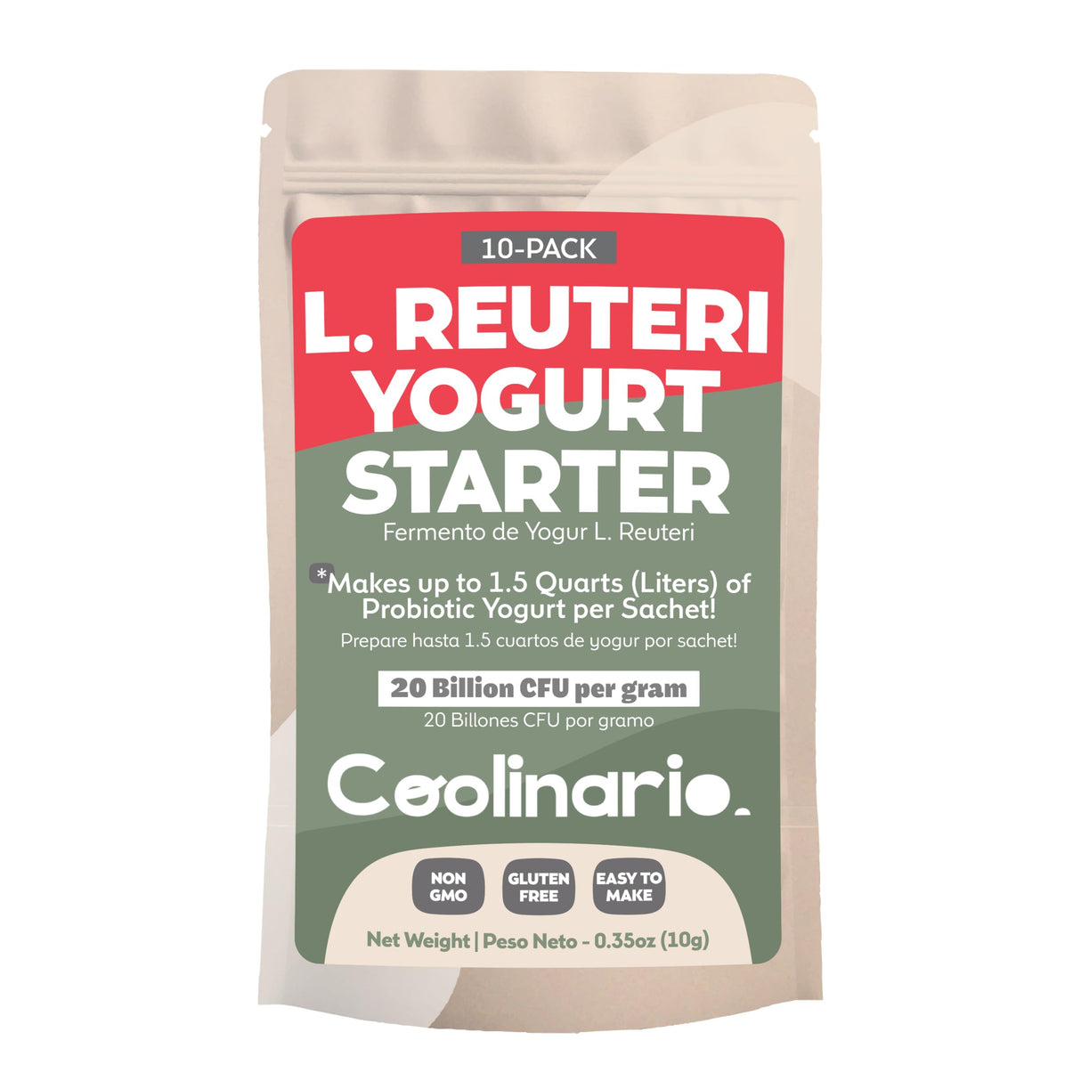 Coolinario L Reuteri Yogurt Starter (10-Pack, 1g Sachets) Yogurt Starter Culture with Lactobacillus Reuteri Probiotics | Creamy & Delicious | Non-GMO, No Preservatives, Gluten Free, Halal, Kosher