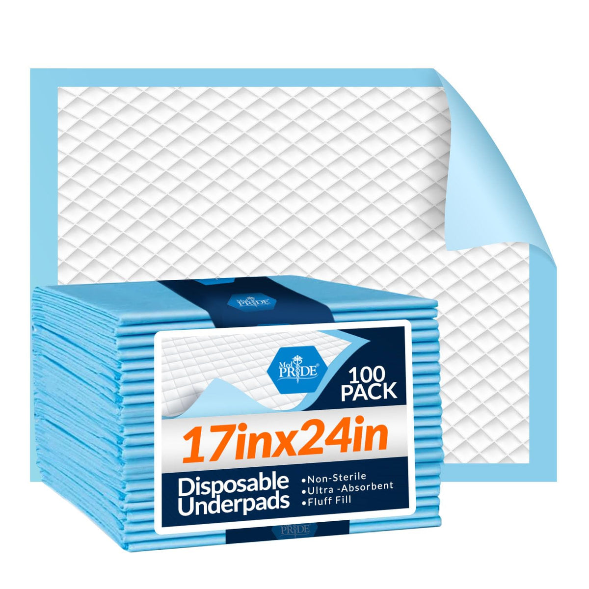 MED Pride Disposable Underpads 17x24 in,Super Absorbent,Incontinence,100 Ct
