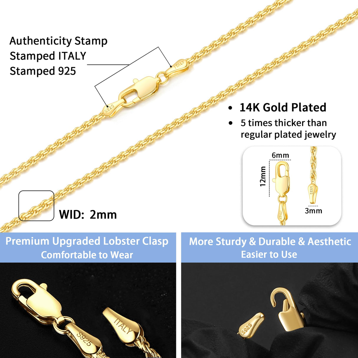 Jewlpire 14K Gold Plated Chain Necklace for Women, 2MM Rope Chains 14K Gold Plated Chain for Women Sturdy & Comfortable Womens Chains Necklace, 20 Inch