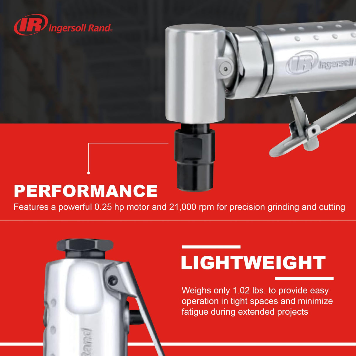 Ingersoll Rand 301B Air Die Grinder – 1/4", Right Angle, 21,000 RPM, Ball Bearing Construction, Safety Lock, Aluminum Housing, Lightweight Power Tool, Black