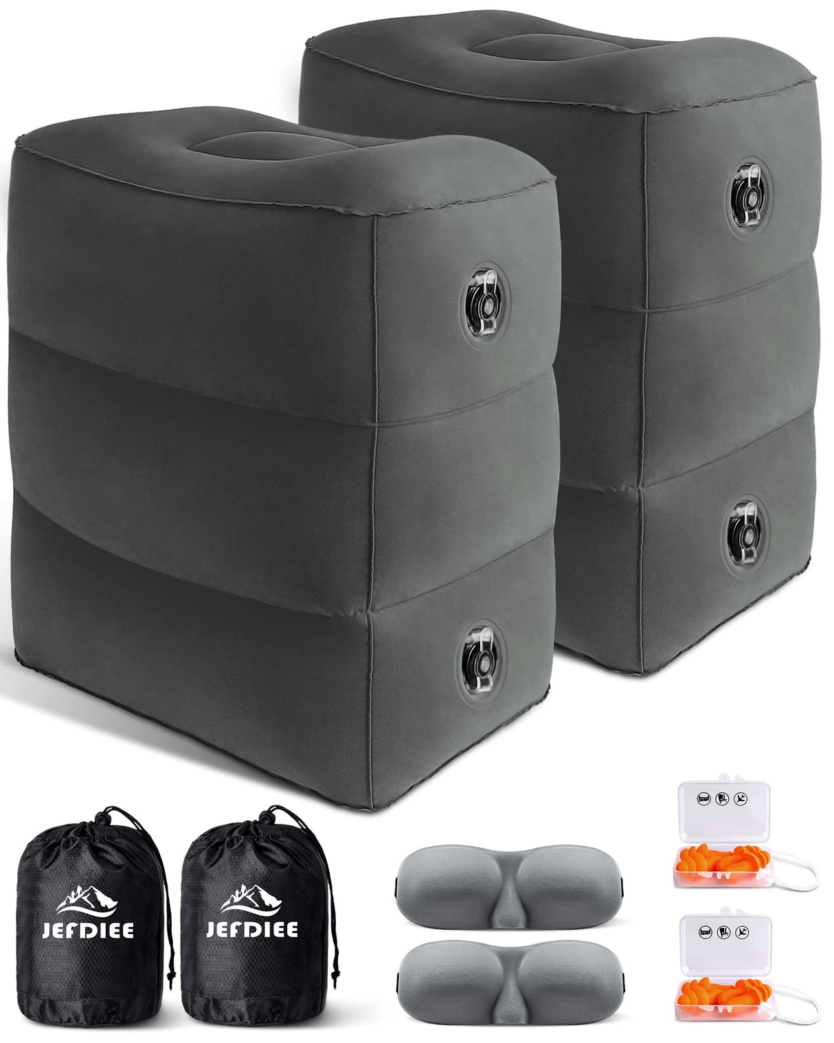 JefDiee Inflatable Travel Foot Rest Pillow, Kids Airplane Bed, Adjustable 3 Layers Height Leg Rest Pillow, Adults Travel Essentials Great for Airplane, Office, Home, Trains, Cars (2 Pack-Dark Grey)