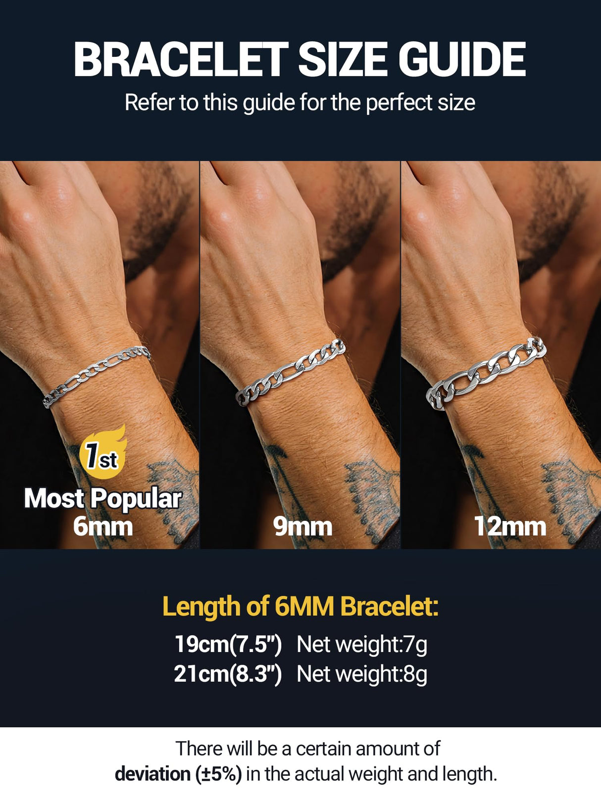 PROSTEEL Stainless Steel Figaro Link Chain Bracelet 6mm 7.5 Inch Men Jewelry