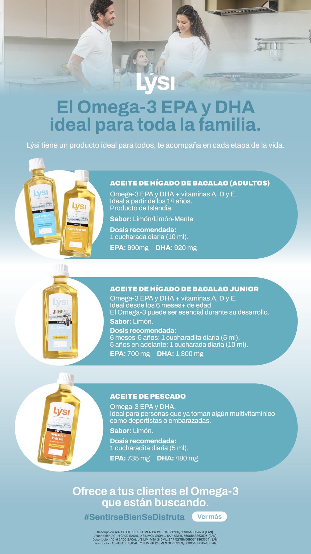 LÝSI, Omega 3 en Aceite de pescado, Mezcla de diferentes pescados, Sabor limón, Para toda la familia y embarazadas, Sin gluten y azúcar, 240 ml.