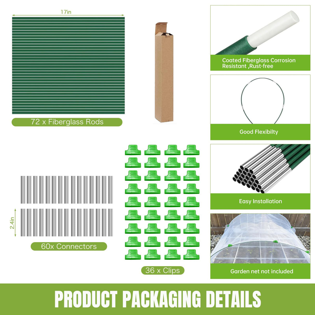 Gardynex 72 PCS Garden Hoops Greenhouse Hoops, Durable Plastic Coated Fiberglass Garden Tunnel for Raised Beds, DIY Plant Support Stakes for Garden Netting & Row Cover, Rust-Free Frames