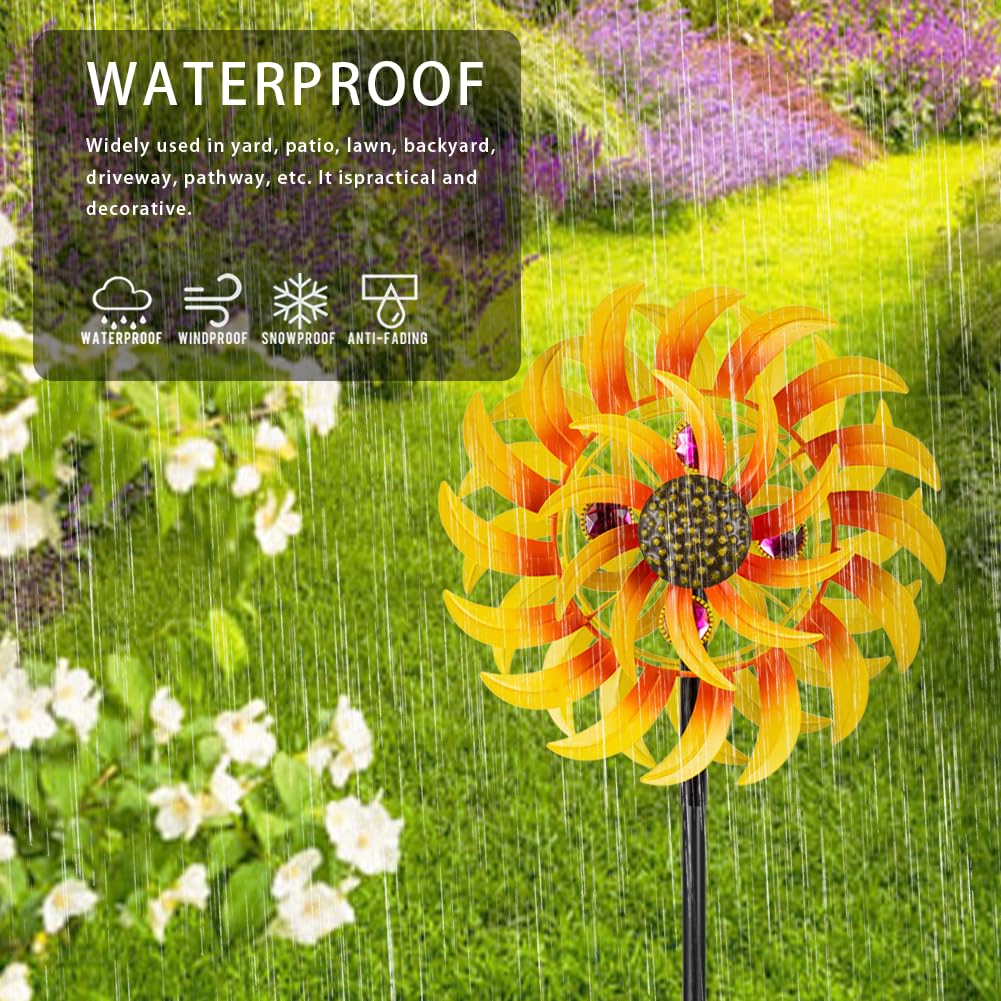 VEWOSTAR Metal Sunflower Wind Spinner Outdoor,13Inch Large Double Windmill Pinwheels with Stake,Kinetic Wind Sculpture Outdoor for Yard, Garden, Lawn Decorations