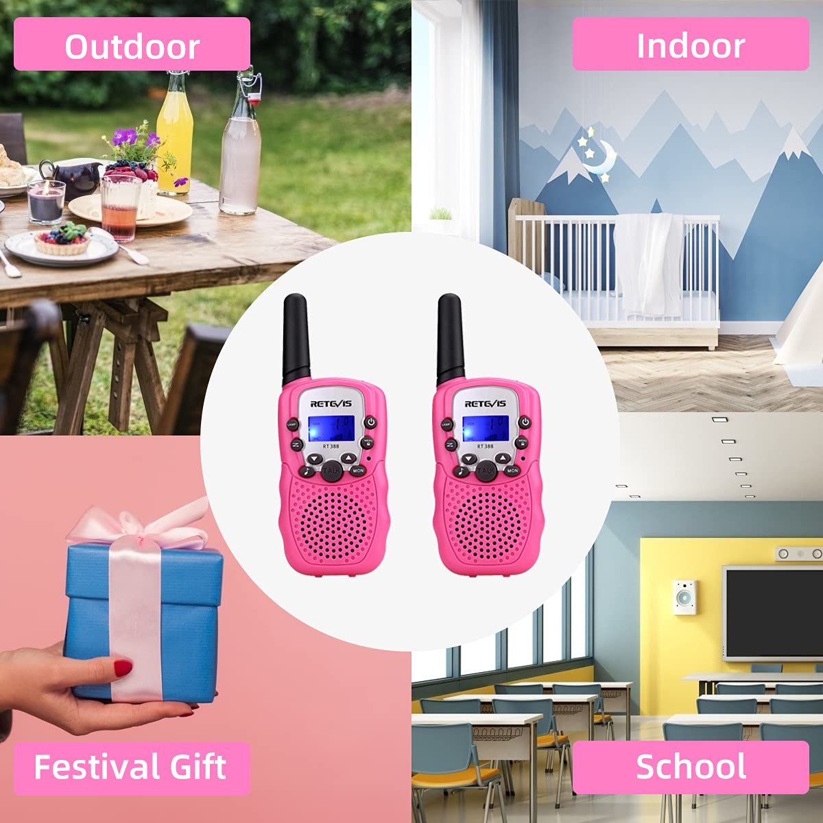 Retevis RT-388 Kids Walkie Talkies for Girls Boys,6-12 Year Old Kids' Toys,22 CH LCD Flashlight,Christmas Halloween Gifts,Camping Outdoor(Pink,2 Pack)