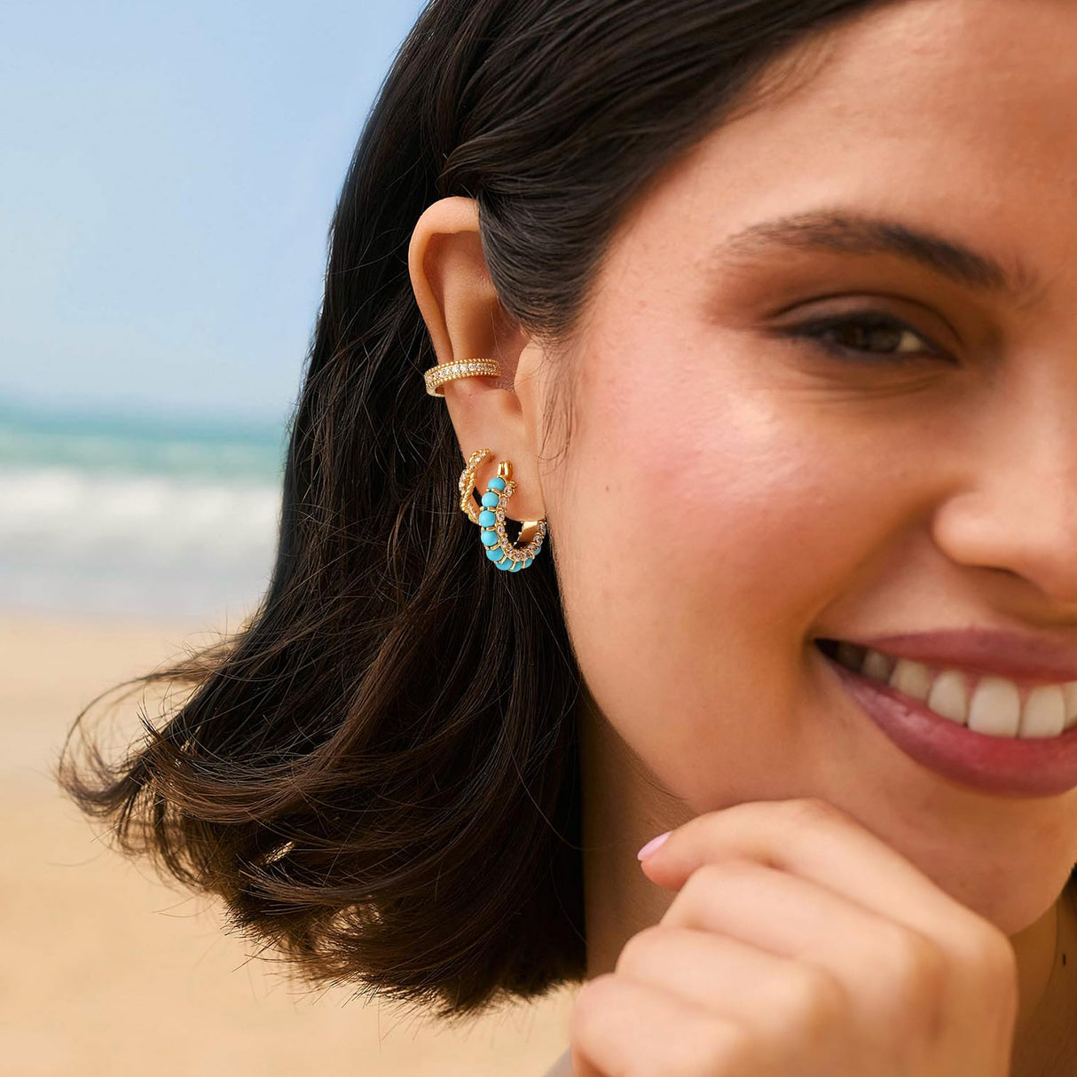 MYEARS Turquoise Hoop Earrings 14K Gold Plated Blue Beaded Cubic Zirconia Earrings Boho Summer Hypoallergenic Everyday Jewelry