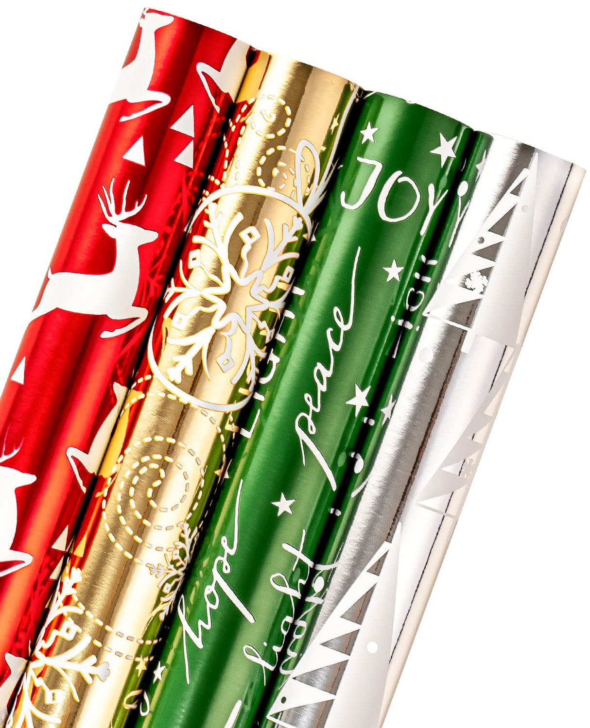WRAPAHOLIC 30 Inch Christmas Wrapping Paper Roll - Jumbo Roll Red Green Gold and Silver Snowflakes Trees Holiday Collection with Metallic Foil Shine - 4 Rolls - 30 Inch x 120 Inch Per Roll