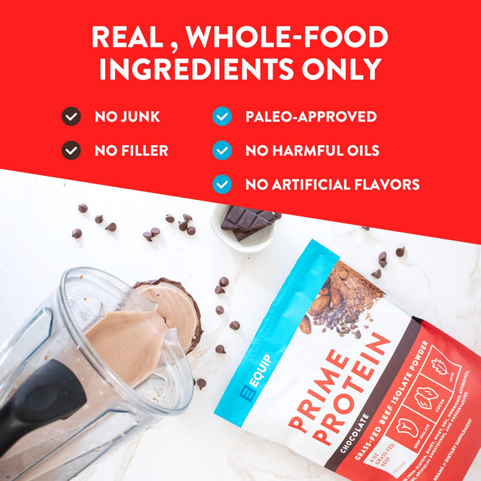 Equip Foods Prime Protein Powder | Clean, Grass Fed Beef Protein Isolate | Carnivore Protein Powder | Paleo, Keto Friendly | Gluten, Dairy Free | Helps Build & Repair Tissue | 30 Servings, Chocolate