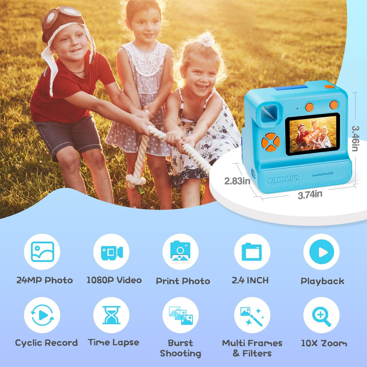 Kids Camera Instant Print, Christmas Birthday Gifts for Girl Boys 3-12 Years Old, FHD Selfie Digital Video Cameras Toddler 3 Rolls Print Paper & 32G Card (Blue)