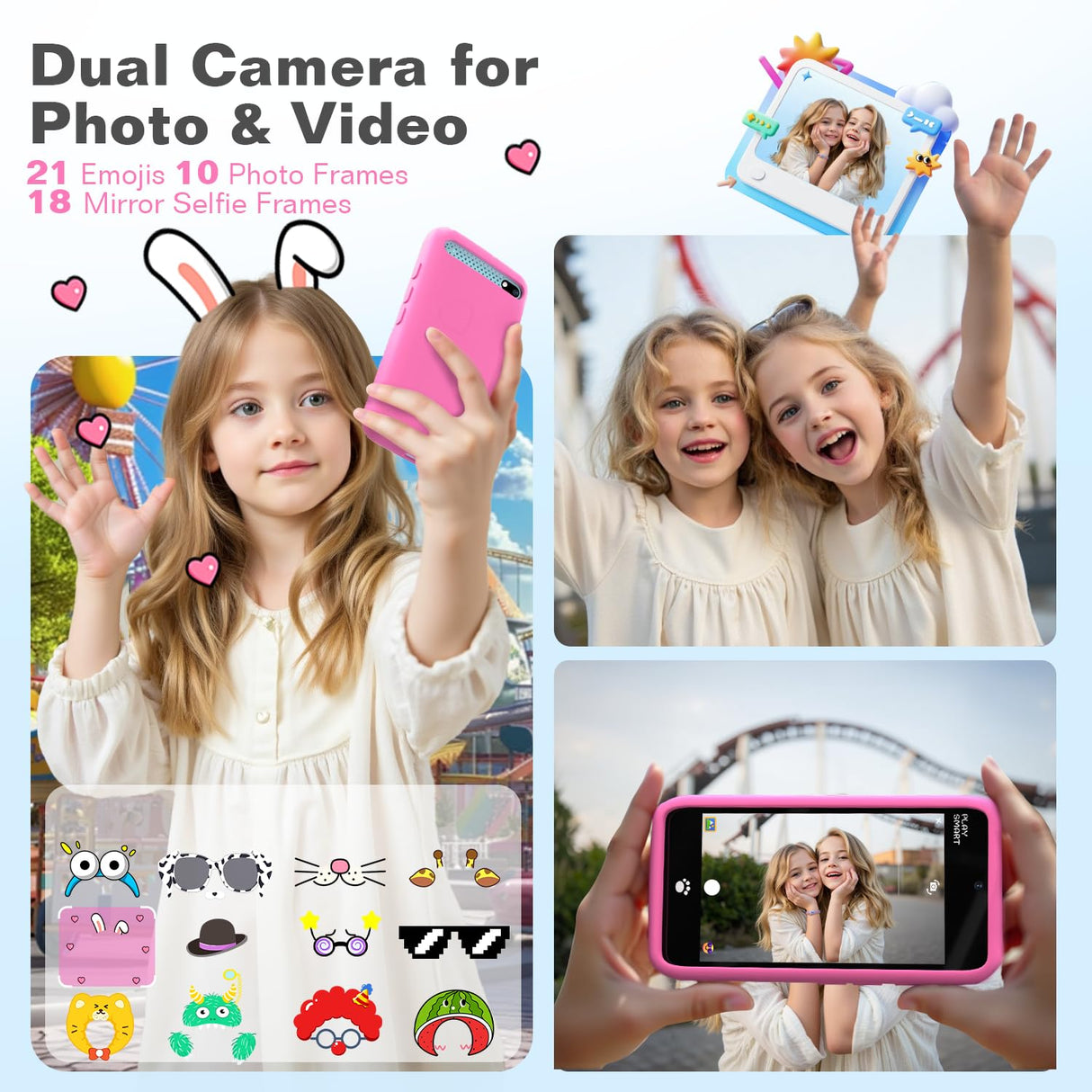 MOMILLA Toys Kids Smart Phone for Girls, 3.97” Cell Phone with Dual Cameras, Stickers & Frames, 200+ Games, 16GB Storage, Educational Mini Toddler Play Toy, Christmas Birthday Gift for Kids Age 3-10