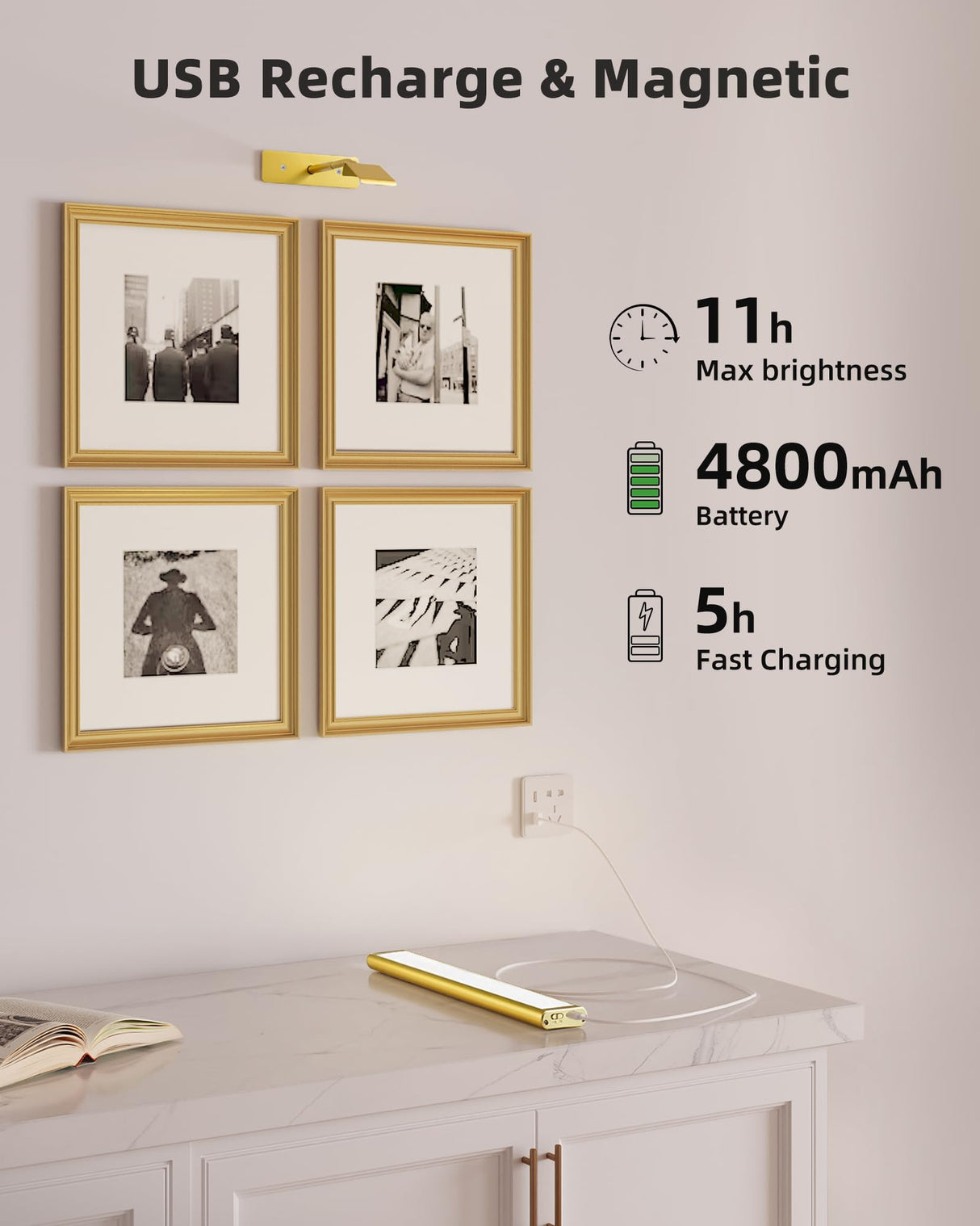 EZVALO Picture Light for Wall, 4800mAh Rechargeable Wireless Remote, 16in Dimmable Magnetic LED Art Display Light with 3 Color Temperatures, for Gallery, Living Room, Bedroom, Hallway (Gold)