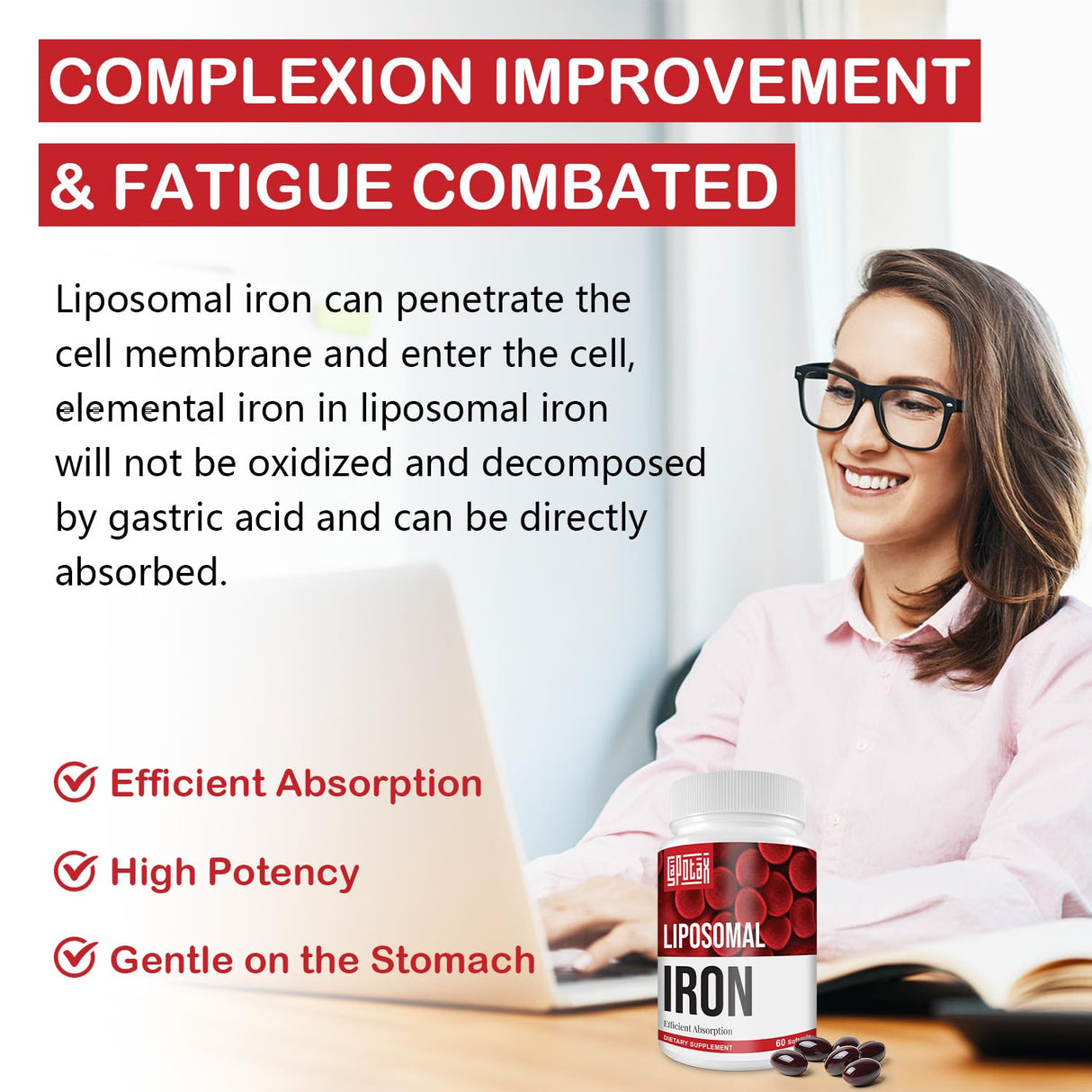 Liposomal Fe Iron Supplement for Women, 65 mg Iron Supplement with Folic Acid & Vitamin B12 for Men, Daily Blood & Energy Support for Adults Iron Deficiency 60 Softgels (1 Bottle)