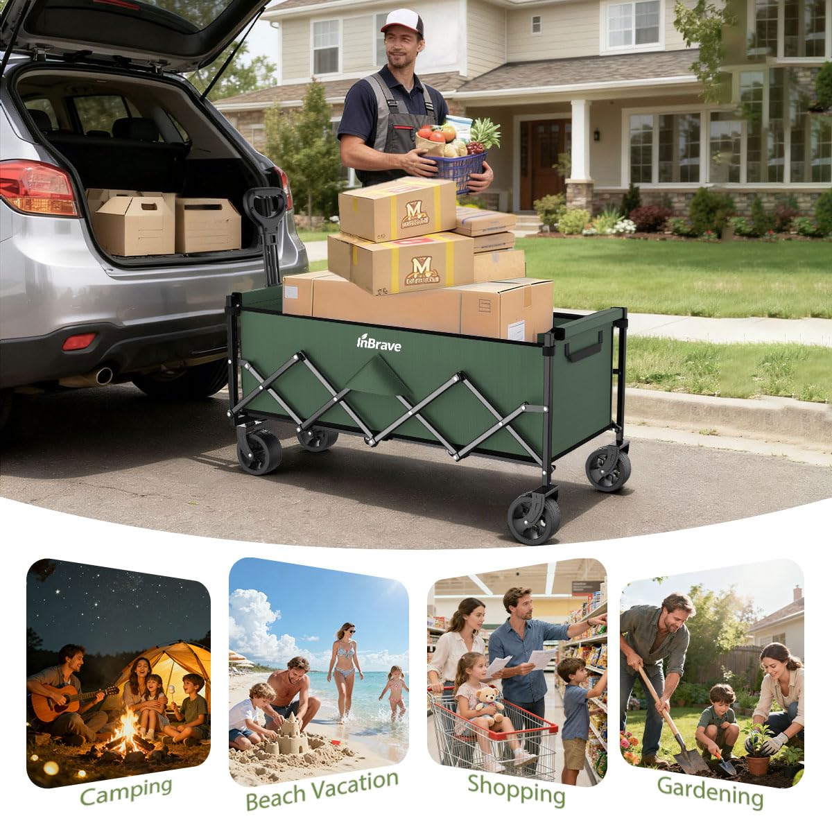 InBrave 34" Extra Long Collapsible Wagon Cart, 360LBS Capacity, Army Green