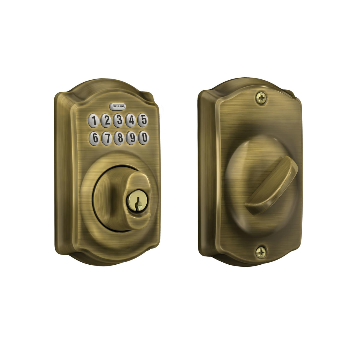 Schlage Camelot Electronic Keypad Deadbolt Lock, Keyless Front Door Entry, Mechanical Key Backup Included, Antique Brass, BE365 CAM 609