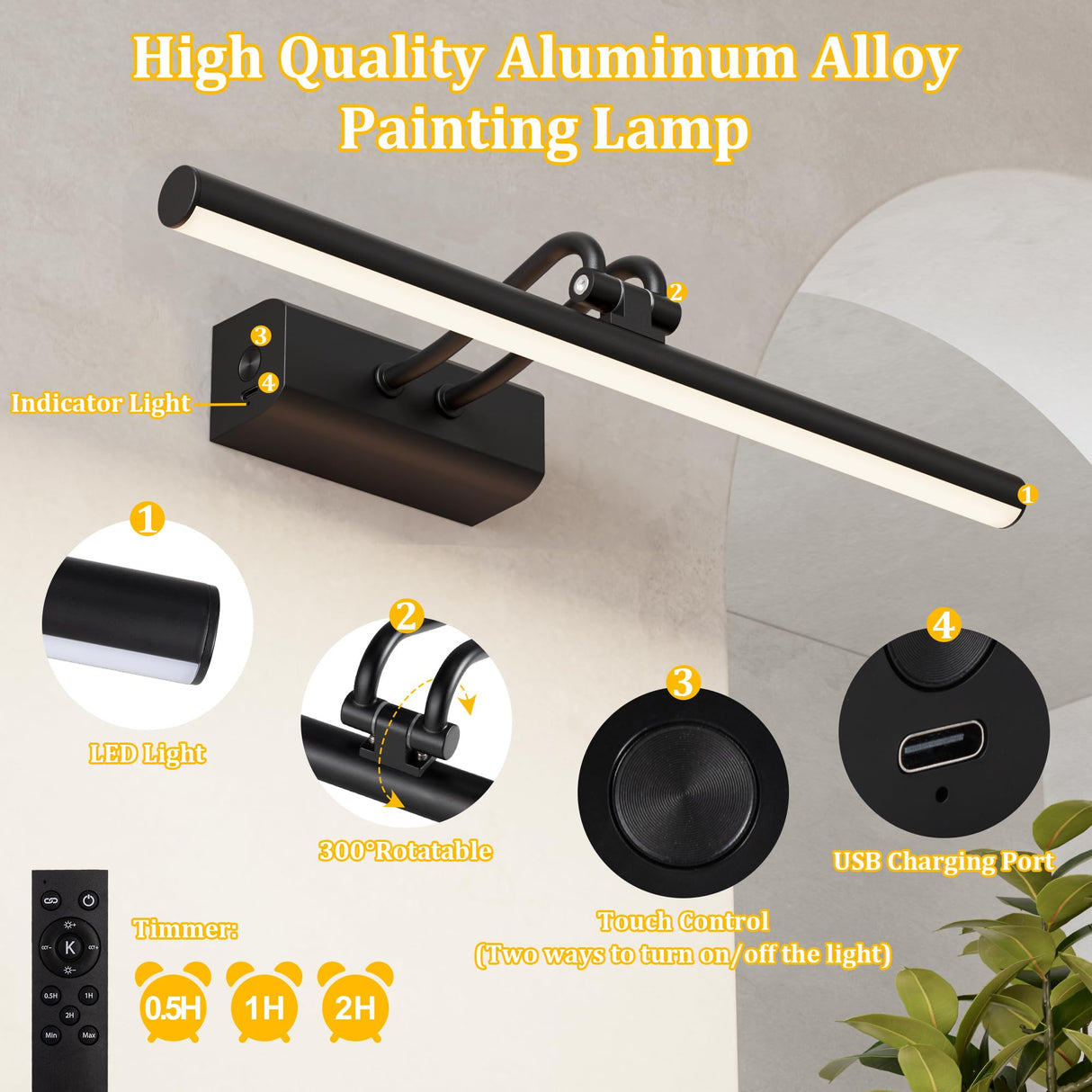 Percantis Battery Operated Picture Light for Wall, Wall Light for Living Room, 4000 mAh, 13.8'' Dimmable Art Painting Light, Remote Control, Black, Display for Gallery, Living Room, Bedroom(Black)