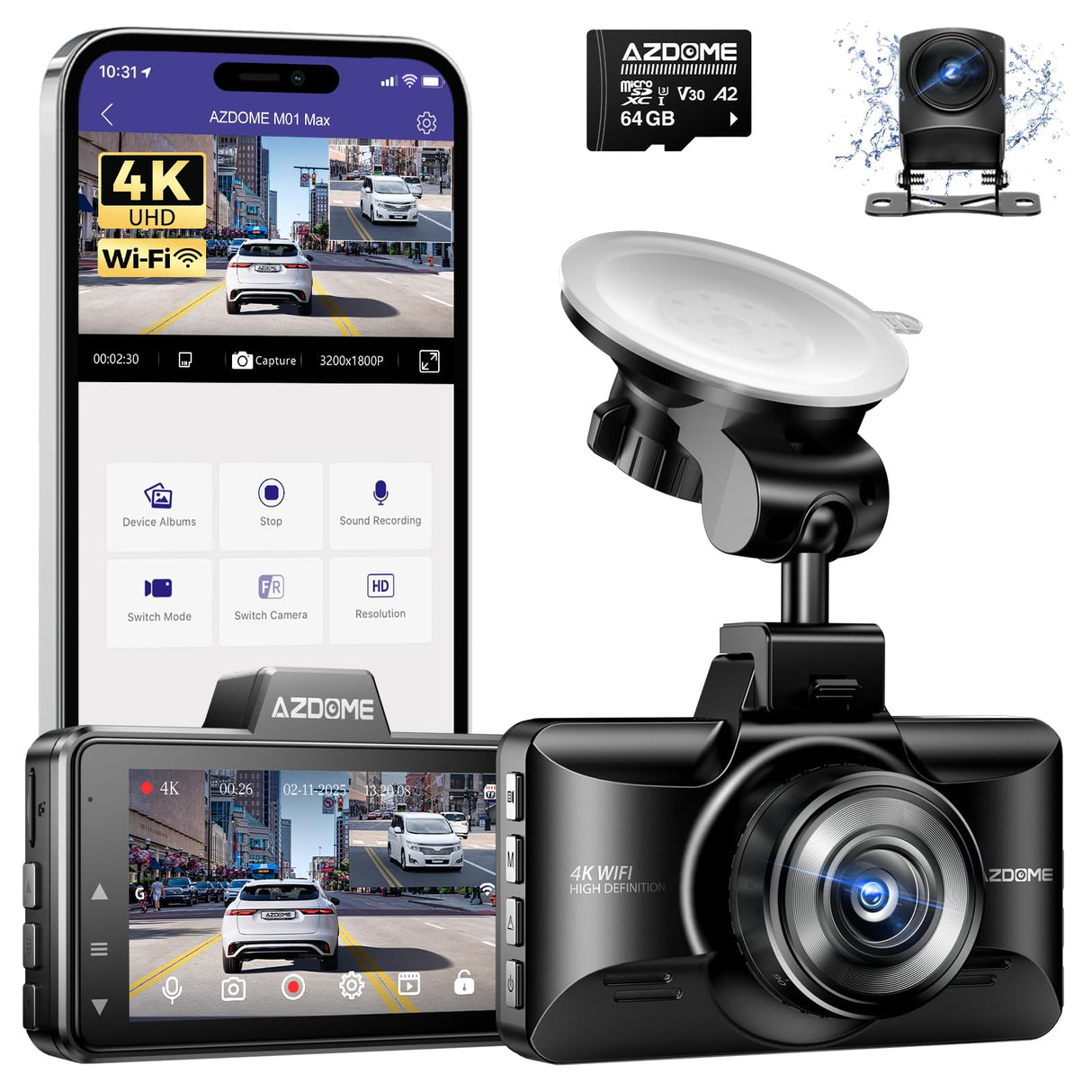 AZDOME M01 Max UHD 4K Dash Cam Front and Rear, Built-in Wi-Fi, Free 64GB Card, App Control, 4K+1080 Dash Camera for Car, Built-in ADAS, G-Sensor, IP68 Waterproof, 24H Parking Mode Dashcam
