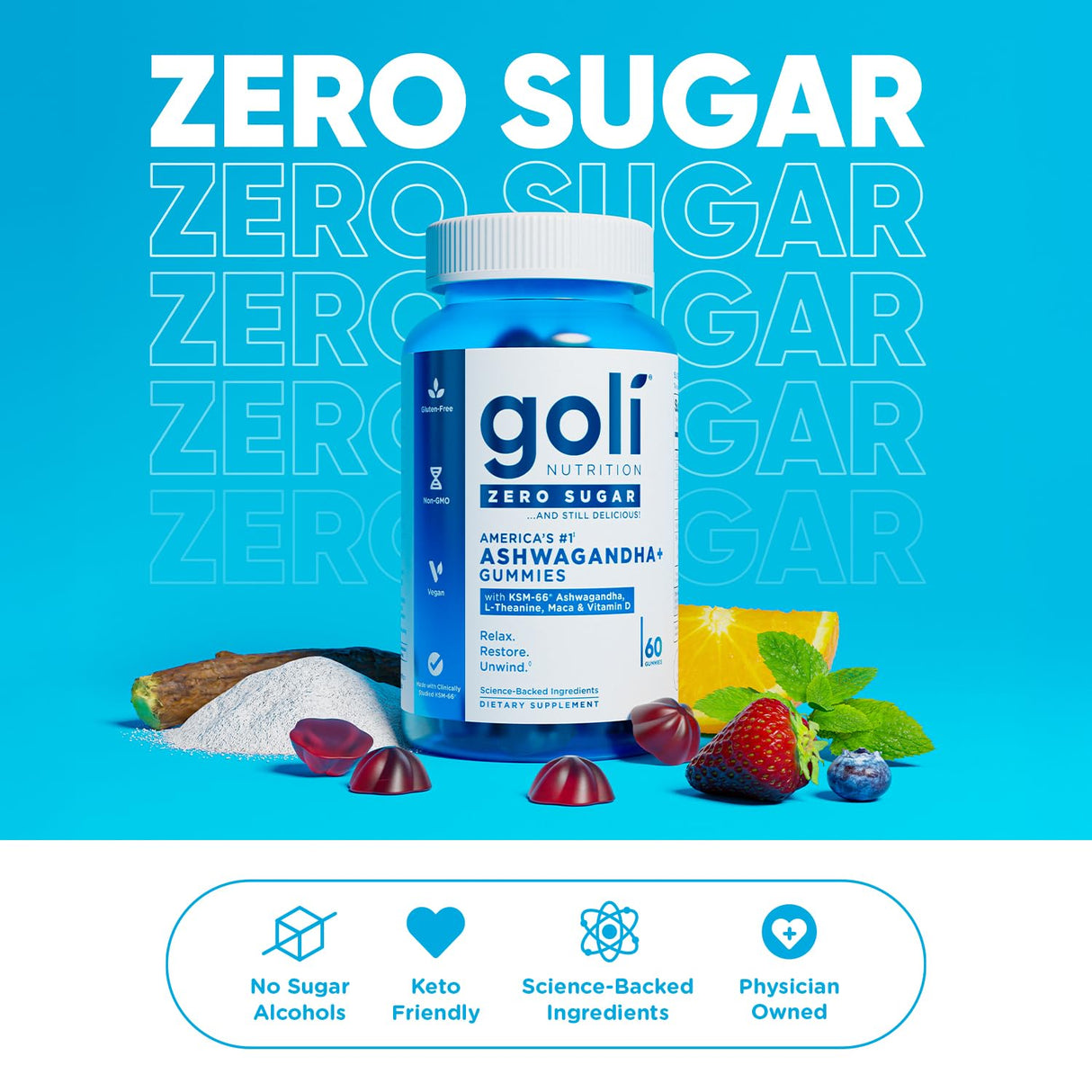 Goli Zero Sugar Ashwagandha & Vitamin D, Maca, L-Theanine Gummies, No Artificial Sweeteners, No Sugar Alcohols. Mixed Berry, KSM-66, Vegan, Plant Based, Non-GMO, Gluten-Free & Gelatin Free. (3)