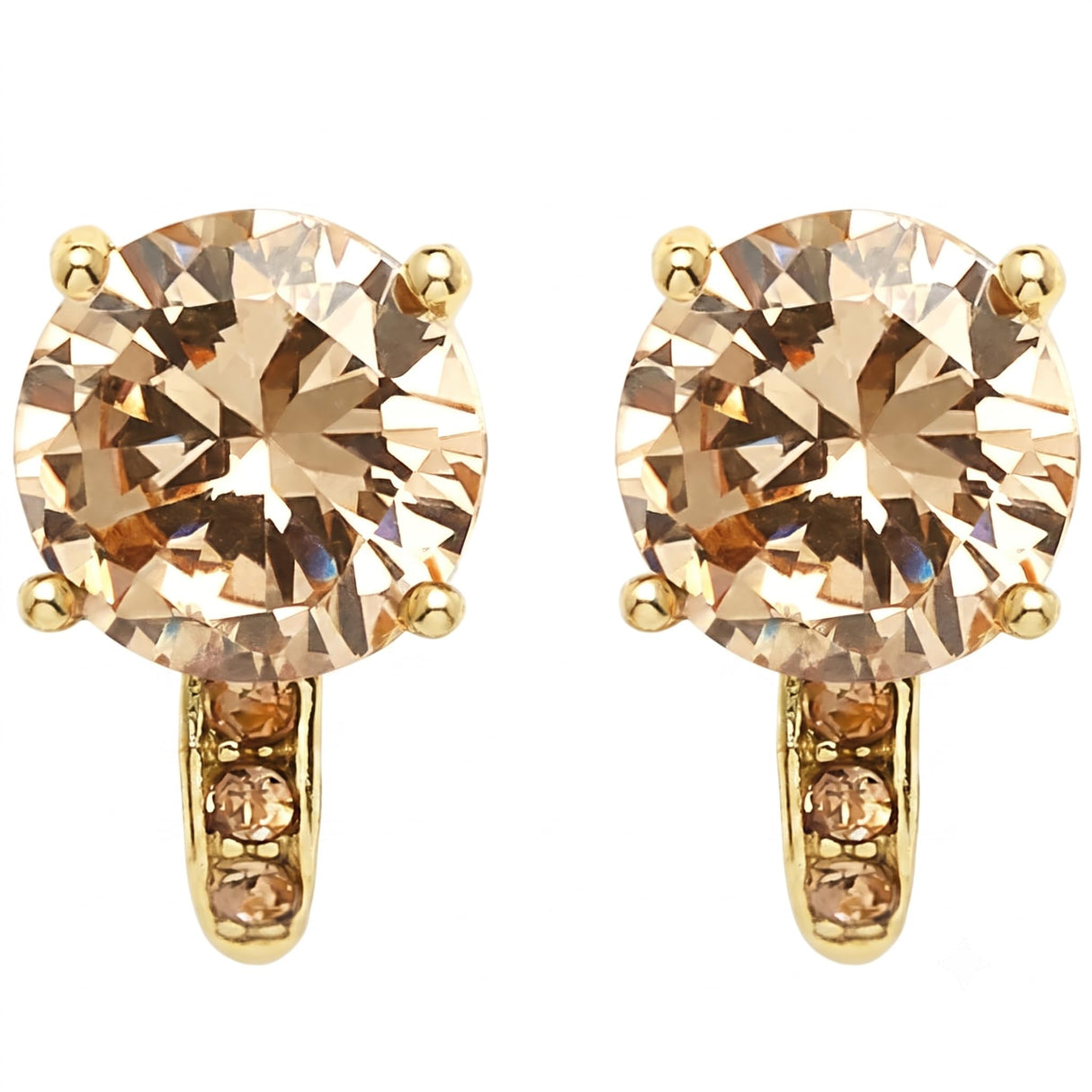 Mariell Champagne 14K Gold Plated Clip-On CZ Crystal Stud Earrings, 2 Carat 8mm Size for Weddings, Brides, Birthday Gift