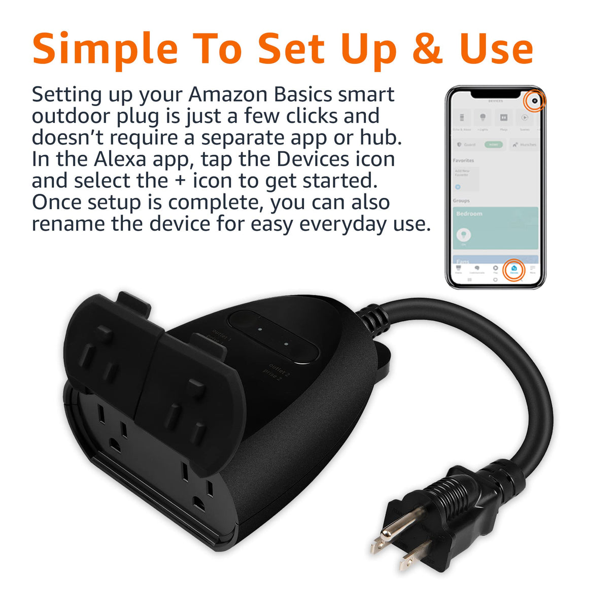Amazon Basics Outdoor Smart Plug with 2 Individually Controlled Outlets, Works with Alexa Only, Voice Control, Weather Resistant, 2.4 GHz Wi-Fi, No Hub Required, Black