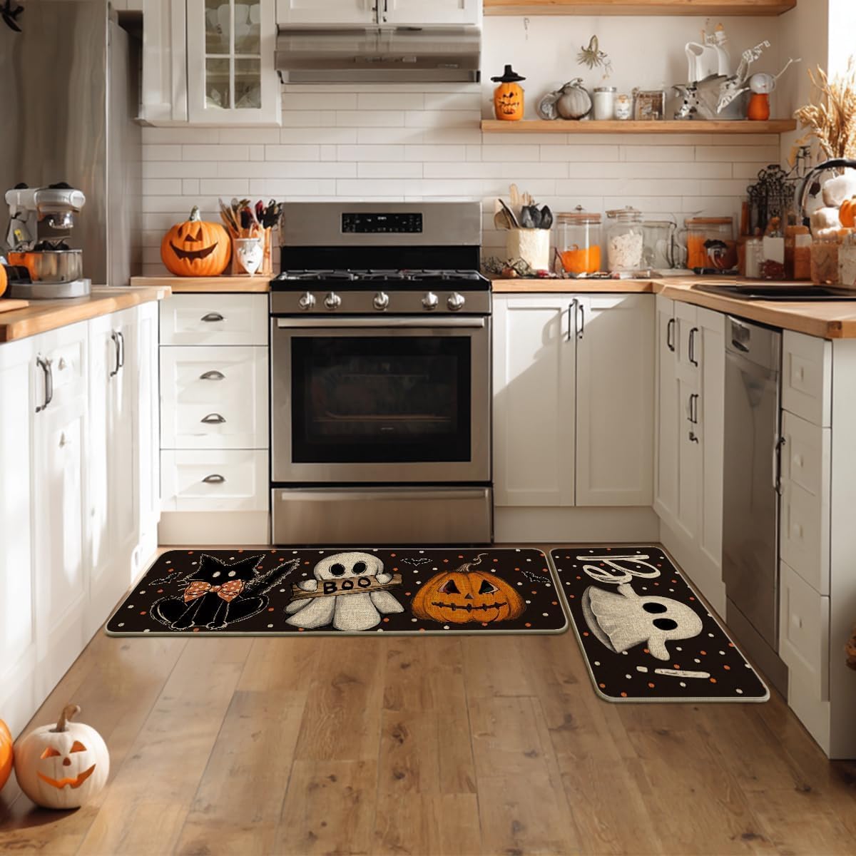 Artoid Mode Black Cats Boo Halloween Kitchen Mats Set of 2-17x29+17x47