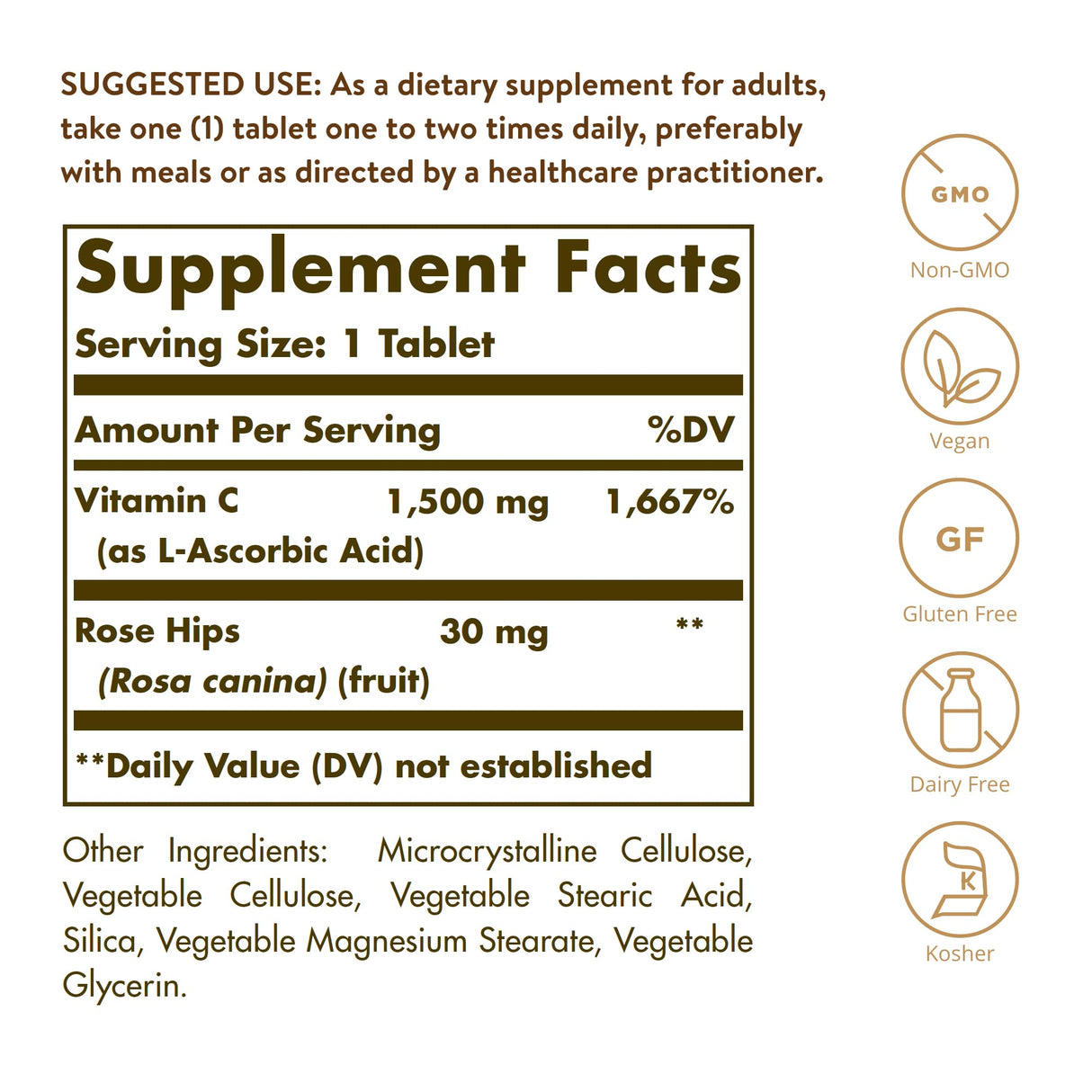 Solgar Vitamin C 1500 mg with Rose HIPS, 180 Tablets - Antioxidant & Immune Support - Overall Health - Supports Healthy Skin & Joints - Non GMO, Vegan, Gluten Free, Dairy Free, Kosher - 180 Servings