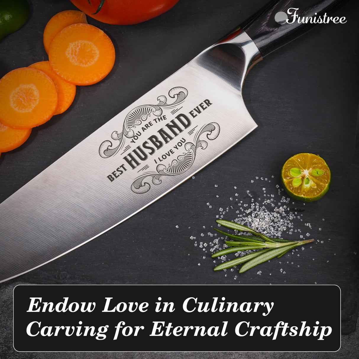 Funistree Anniversary Men Gifts for Him Husband, 8 inch Professional German Stainless Steel Chef Knife, Engraved Best Husband Ever Knife Gift, Christmas Anniversary Birthday Gifts for Men Husband