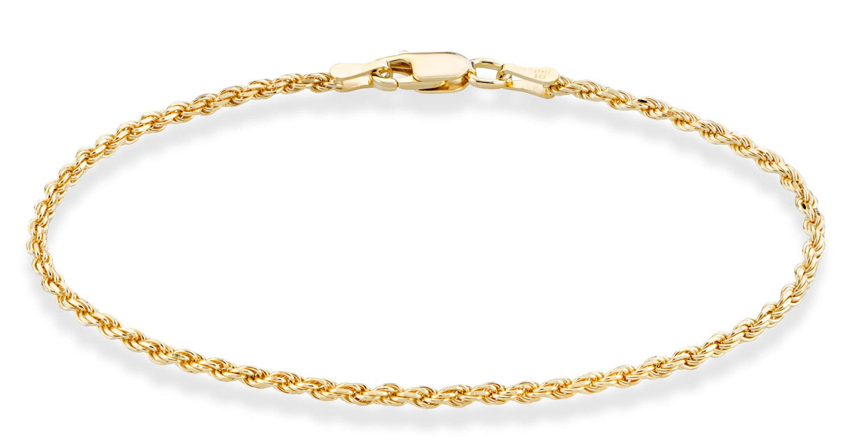 Miabella Italian 18K Gold Plated 925 Sterling Silver Italian 2mm, 3mm Braided Rope Chain Bracelet for Men Women, Made in Italy (2mm - Length 7.5 Inches)