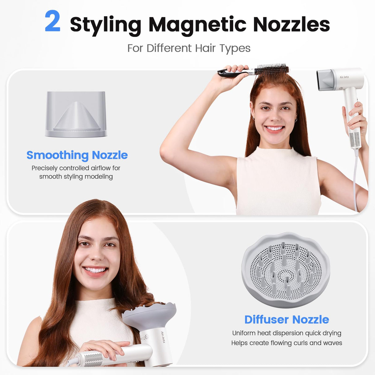 Hair Dryer, 110,000 RPM High-Speed Ionic Blow Dryer for Fast Drying, Professional Lightweight Hairdryer with Diffuser, Magnetic Nozzle, 4 Temps & 2 Speeds, Low Noise for Travel - White