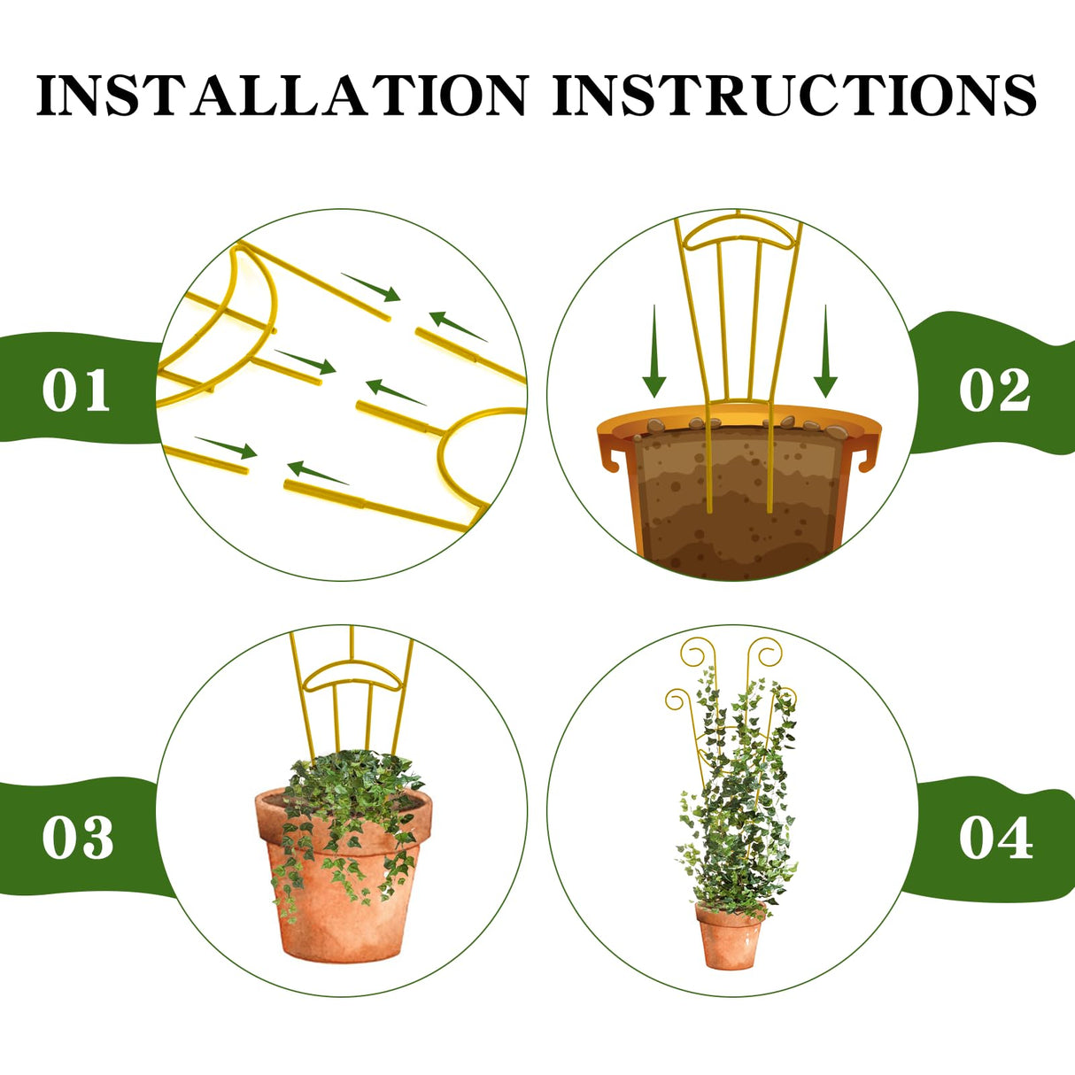 ZOUTOG Trellis for Climbing Plants Indoor 4 Pack 30 Inch,Rustproof Metal Garden Trellis for Potted Plants,Sturdy Houseplant Support Indoor Outdoor for Ivy Pothos Monstera Hoya Flower Vine(Golden Moon)