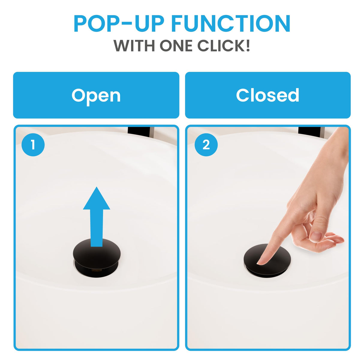 Bächlein Extra Long Universal Drain Fitting without Overflow (Matt Black) - Pop Up Valve for Countertop Washbasins