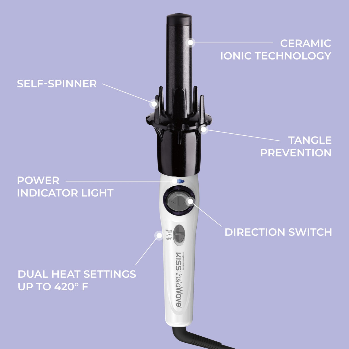 KISS Instawave Deluxe Automatic Rotating Curling Iron, Patented Automotic Spinner, 2-Way Rotation, 1” Ceramic Ionic Wand, Dual Heat Settings, 420° Max Temperature, Black & White