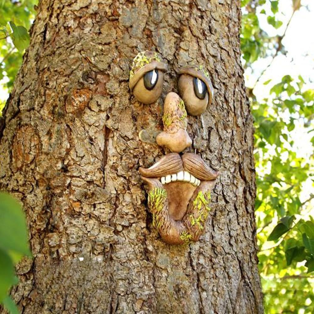 Garden Resin Tree Face Decor, Bark Look Forest Spirit Sculpture Outdoor Yard Creative Ornament (A1)