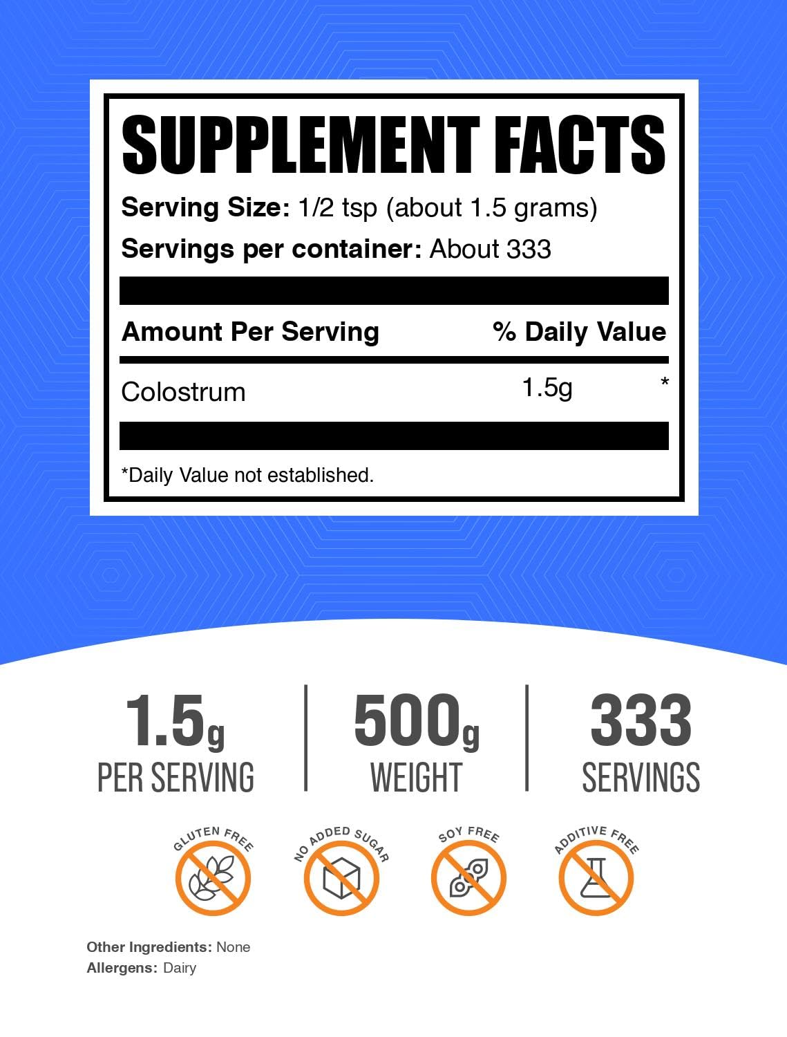 BulkSupplements.com Colostrum Powder - Bovine Colostrum Supplement, for Immune Support - Gluten Free, 1.5g per Serving, 500g (1.1 lbs) (Pack of 1)