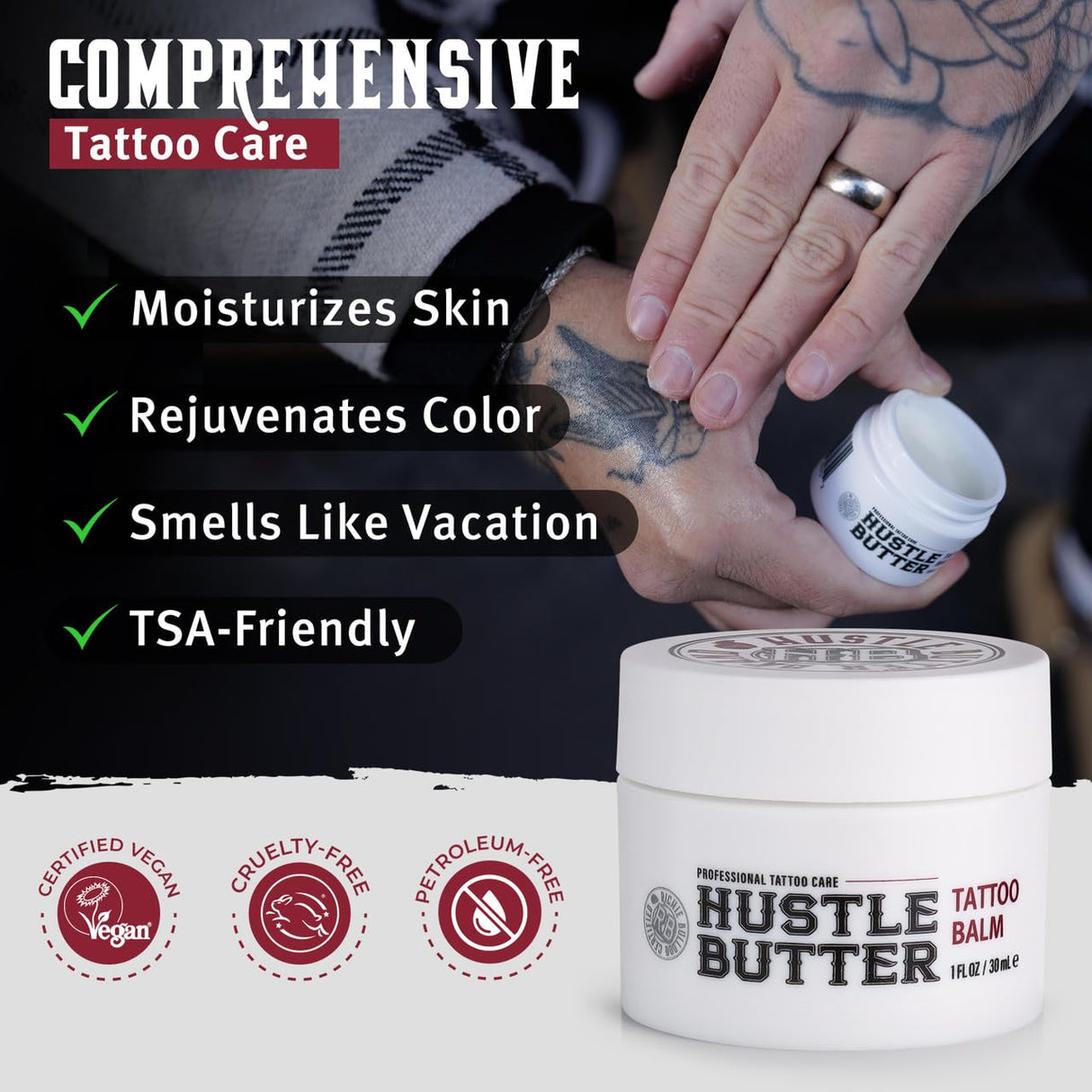 Hustle Butter Deluxe – Tattoo Butter for Before, During, and After the Tattoo Process – Lubricates and Moisturizes – 100% Vegan Replacement for Petroleum-Based Products – 1 oz